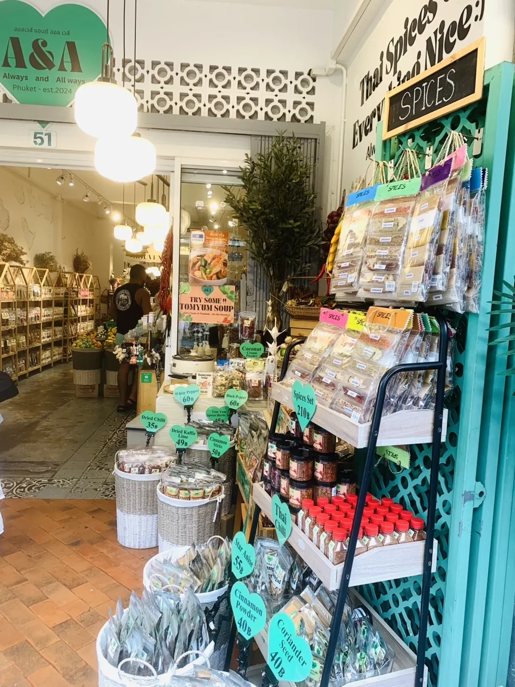 Thai spices with green heart price tags at A&A Always and All ways, Phuket