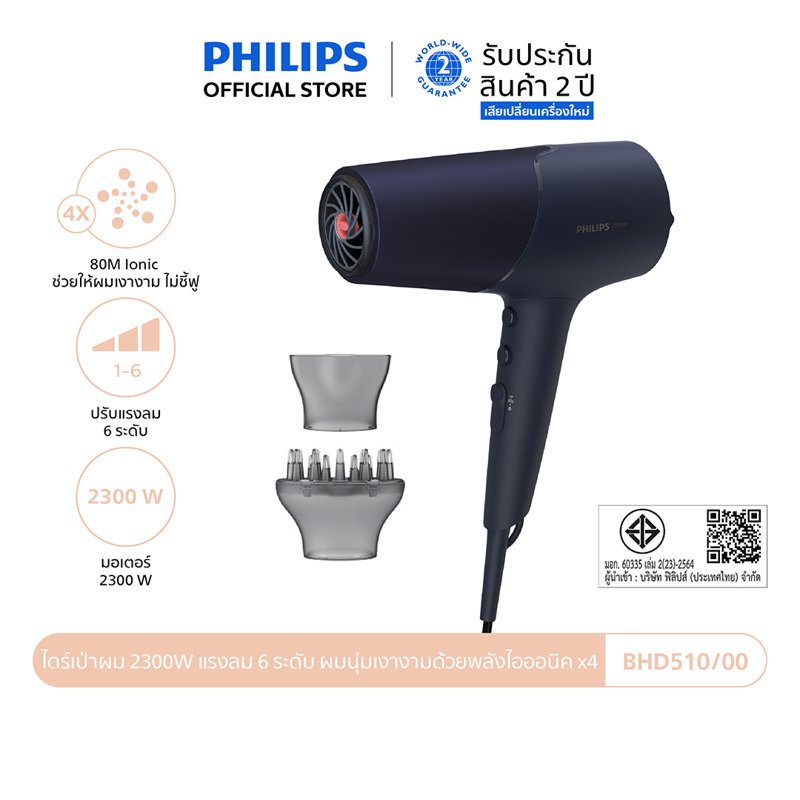 Philips ฟิลิปส์ ไดร์เป่าผม 2300W แรงลม 6 ระดับ ผมนุ่มเงางามด้วยพลังไอออนิค x4