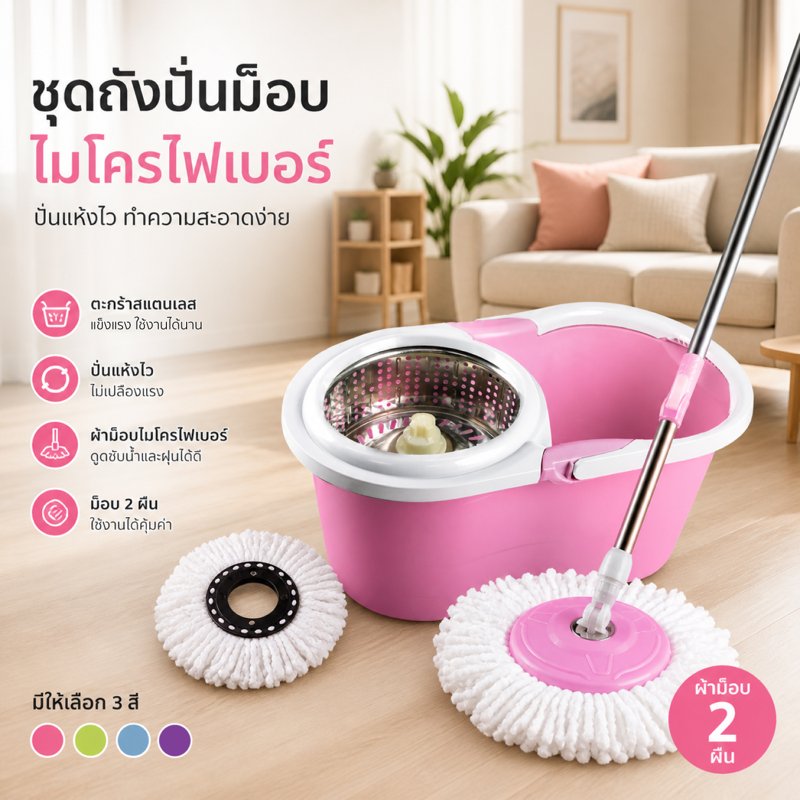 HHsociety ไม้ม็อบถูพื้น ถังถูพื้น พร้อมผ้า