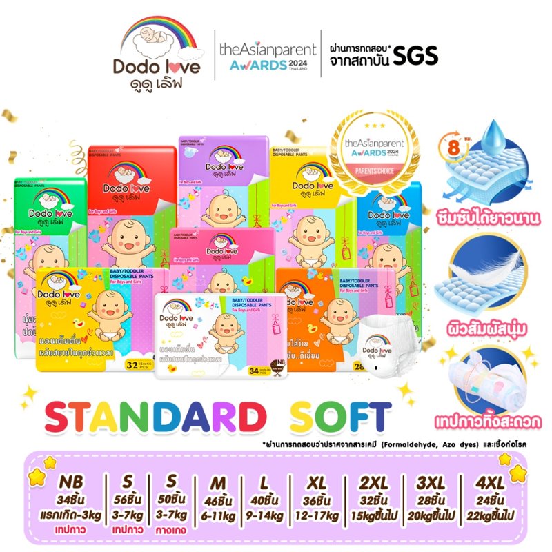 DODOLOVE Standard Soft กางเกงผ้าอ้อม NB–4XL (แพ็กเดี่ยว)