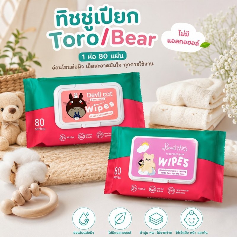 ทิชชู่เปียกคละลาย Baby Wipes 1 ห่อ 40 แผ่น พกพา