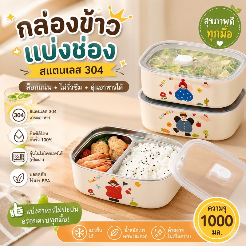 กล่องข้าวสแตนเลส 1000ml แบ่ง 2 ช่อง หนาสองชั้น
