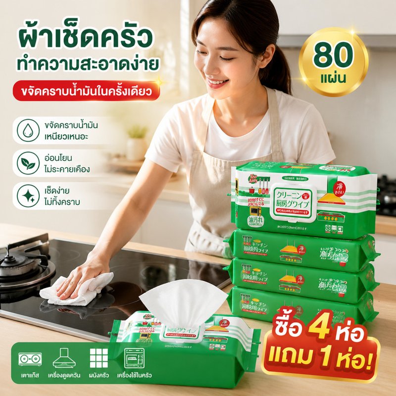 ผ้าเปียกทำความสะอาดครัว กลิ่นเลมอน ซื้อ 4 แถม 1 400 แผ่น