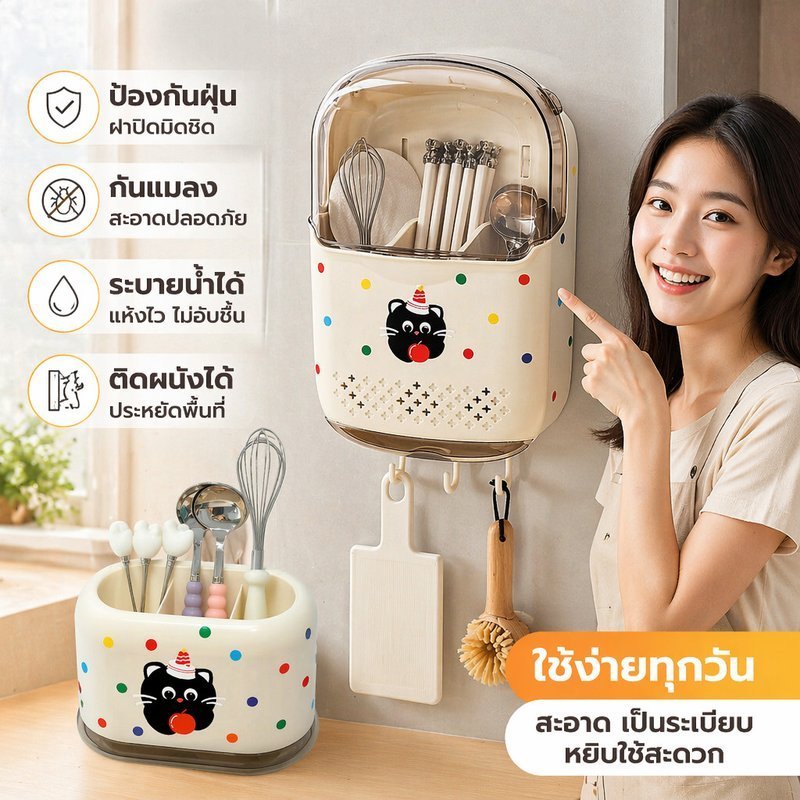 ที่ใส่ช้อนส้อมติดผนัง กล่องใส่ตะเกียบ มีฝาปิด ระบายน้ำ