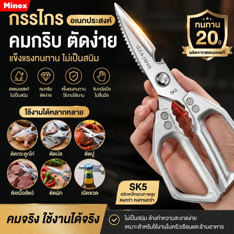 กรรไกรทำอาหาร ตัดกระดูกไก่ ตัดปู ตัดกุ้ง เปิดฝาขวดได้ มีเซฟตี้ล็อค