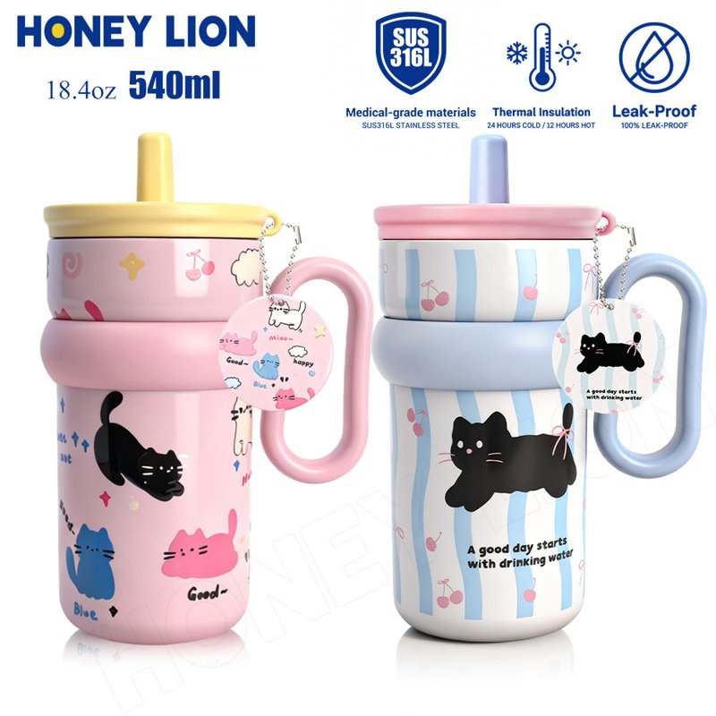 HoneyLion กระติกน้ำ 540ml สแตนเลส 316 เก็บความเย็น 12 ชม. กันรั่ว