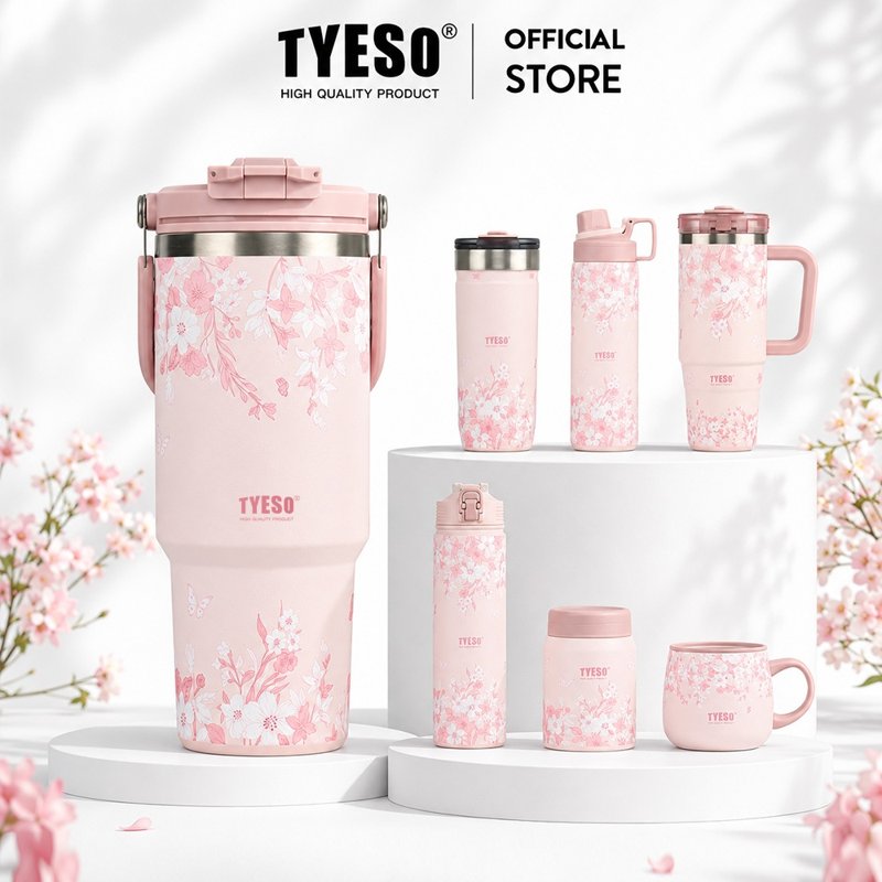 TYESO แก้วเก็บความเย็นลายดอกไม้ 900ML สแตนเลส พร้อมหลอด