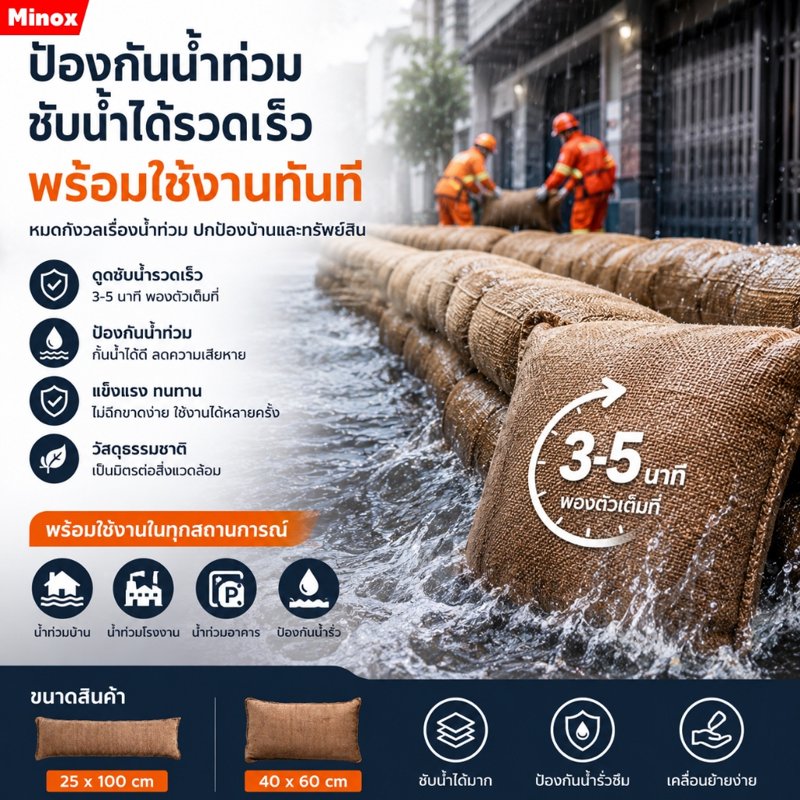 ถุงทรายควบคุมน้ำท่วม ไม่ต้องใส่ทราย ขยายเองเมื่อโดนน้ำ