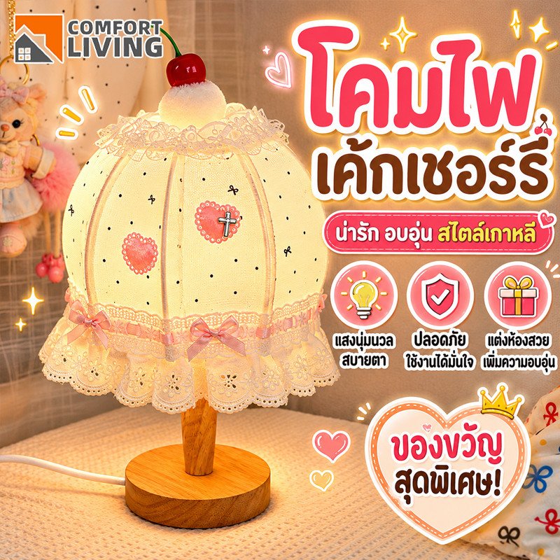 โคมไฟห้องนอน เค้กเชอร์รี่ ไฟกลางคืน ปรับแสง 3 แบบ