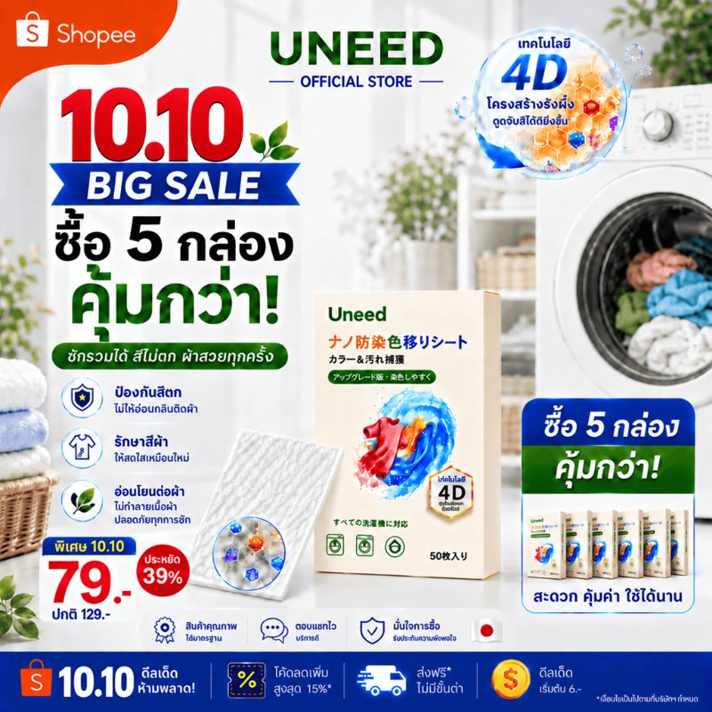 UNEED แผ่นซับสีผ้า กันสีตก (50 แผ่น)